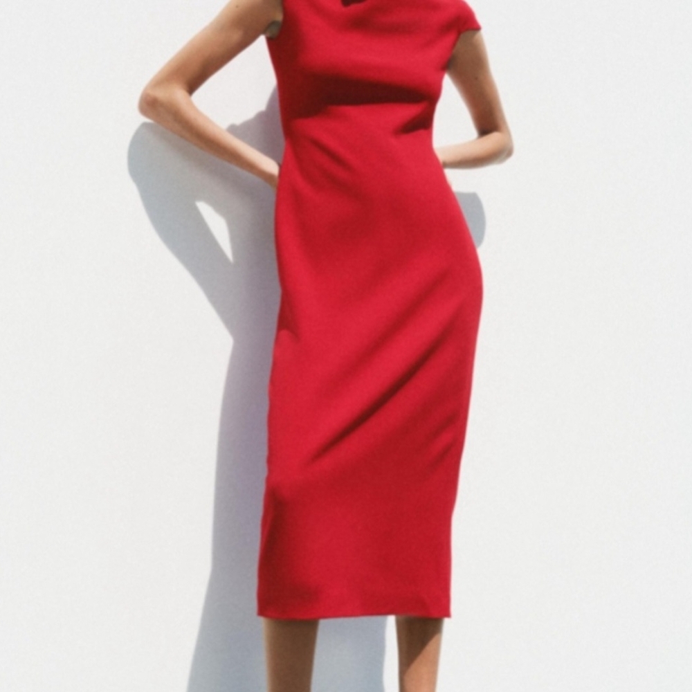 ZARA COLLECTION Red Sheath Midi Dress with Slit, Size XL, NEW